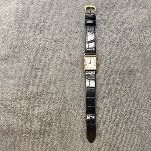 Elegant Black Leather Strap Women's Watch with Gold Rectangular Case